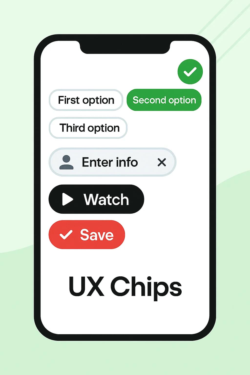 The image features a modern mobile interface showcasing various UX chips, including filter chips, input chips, and action chips, each presented in distinct colors and states. These visually appealing interactive elements are designed to enhance user actions, reduce cognitive load, and facilitate filtering content or entering information effectively.