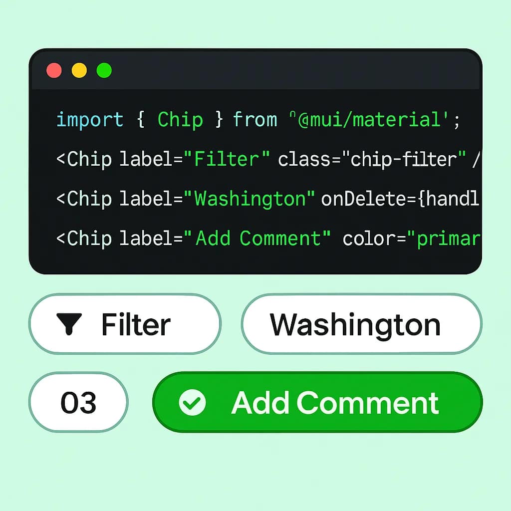 The image displays a code implementation of various types of chips, including filter chips and input chips, within a development environment showcasing multiple programming languages. It emphasizes the design system and usability of these interactive elements, illustrating how they can help users manage filters and input in a visually appealing and accessible manner.