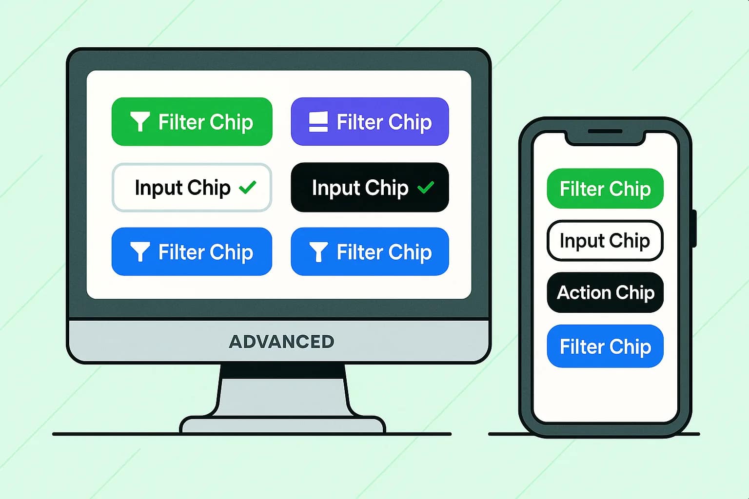 The image displays advanced chip implementations featuring various custom styles and layouts across different device sizes, showcasing multiple chips like filter chips and input chips. These visually distinct interactive elements are designed to enhance user input and usability while minimizing cognitive load.